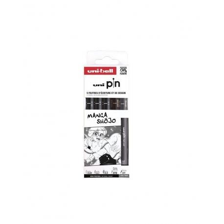 UNI PIN - Pochette de 5 feutres techniques thème MANGA SHOJO : pointes calibrées 0.03 - 0.1 et 0.5 noir, Brush gris foncé et 