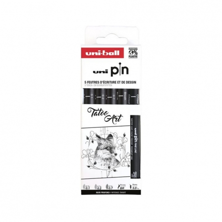 UNI PIN - Pochette de 5 feutres techniques thème TATTOO ART : pointes calibrées 0.1 - 0.2 - 0.7, pointe biseautée et brush