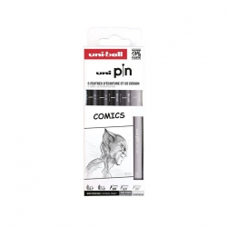 UNI PIN - Pochette de 5 feutres techniques thème COMICS : Brush (noir, gris foncé, gris clair) et pointes calibrées 0.1 et 0.